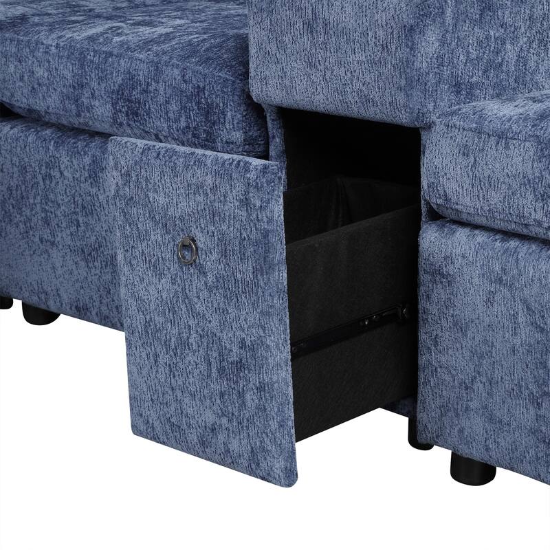 120.5" Chenille L-Shaped Convertible Sofa Bed with Pull-Out Bed, Storage Ottoman & Cup Holders