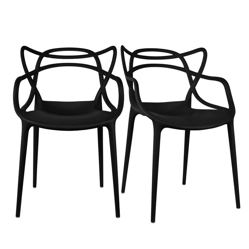 Modern Stackable Geometric Molded Stacking Chairs Dining Armchairs Indoor Outdoor Patio Work Office Kitchen (Set of 2) - Black