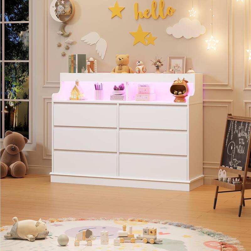 6-Drawer Dresser w/ LED Lights & Charging Station, Wide Storage Cabinet