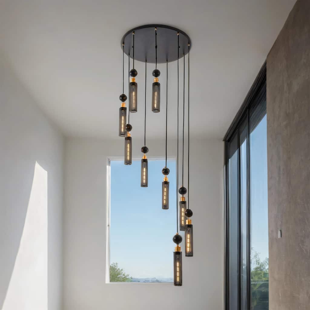 9-Light Black & Gold Industrial Chandelier - Adjustable Grid Cylinder
