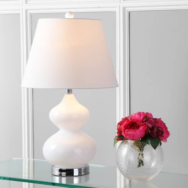 slide 2 of 9, SAFAVIEH Lighting 24-inch Eva Double Gourd Glass White Table Lamp (Set of 2) - 14"x14"x24"