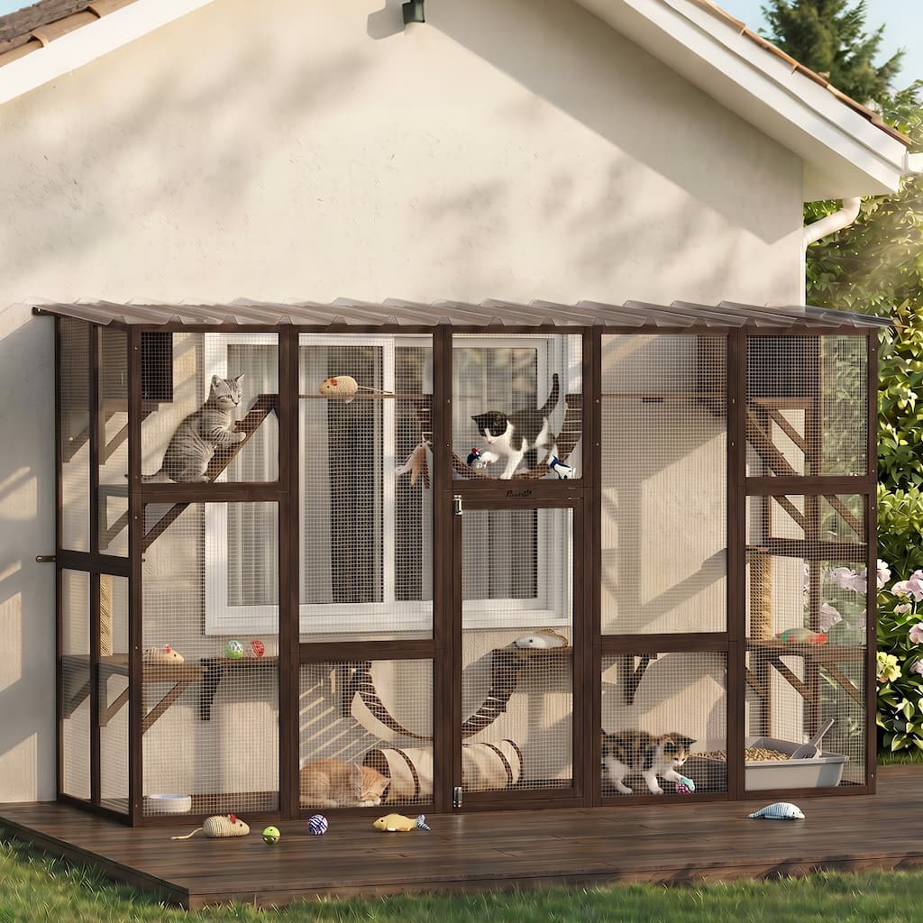PawHut Catio Outdoor Cat Enclosure Windo with Weather Protection Roof for Multiple KittiesYellow