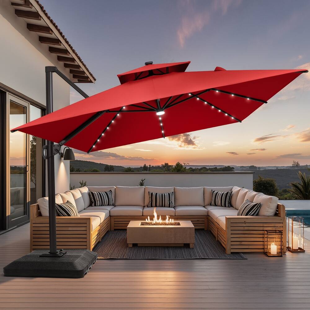 9 X 11 FT Outdoor Patio Cantilever Umbrella with Solar Lights 4-Piece Premium Base Double Canopy 360 Rotation Tilt