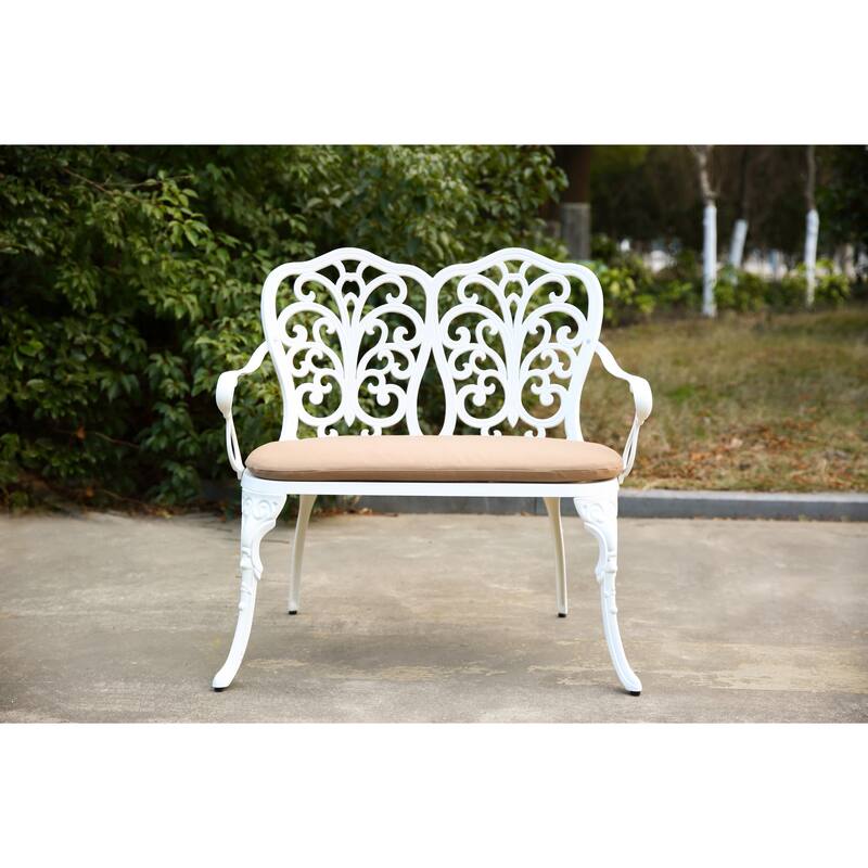 Patio Garden Bench Metal Park Bench Cast Aluminum Outdoor Furniture With Floral Rose For Patio (Excluding the table) - White