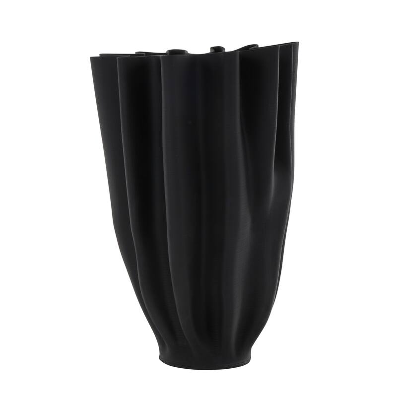 Black Ceramic Dimensional Ribbed Tulip Abstract Vase with Angular Rim