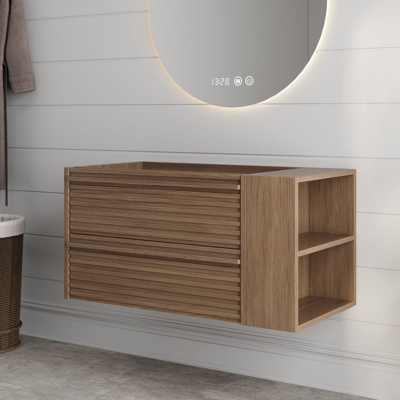 Floating Wall-Mounted Solid Wood Bathroom Vanity Cabinet with 2 Drawers & Open Shelf, No Assembly Required, Sink Not Included