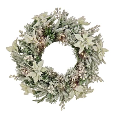 26" Frosted Colonial Wreath with LED Lights - Green - 26 in