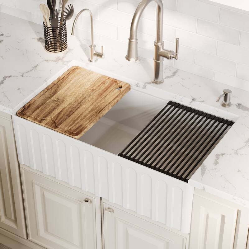 Karran 33" Single Bowl Workstation Fireclay Kitchen Sink with Reversible Fluted Apron Front