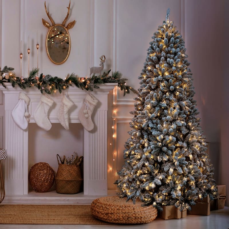 Fraser Hill Farm 7.5-Ft. Flocked Winter Snow Pine Christmas Tree with Warm White LED Lighting