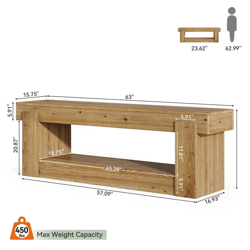 63 Inch Solid Wood Entryway Bench with Storage Shelves, 2-Tier Shoe Rack Bench, Farmhouse Storage Bench For Bedroom End of Bed