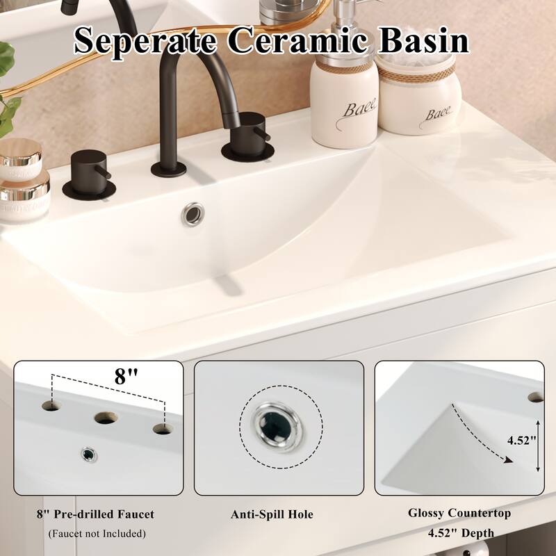 30" Vanity with Sink and 2 Full-Extension Drawers,Freestanding Vanity with 45°,Soft Close Undermount Drawer Slides