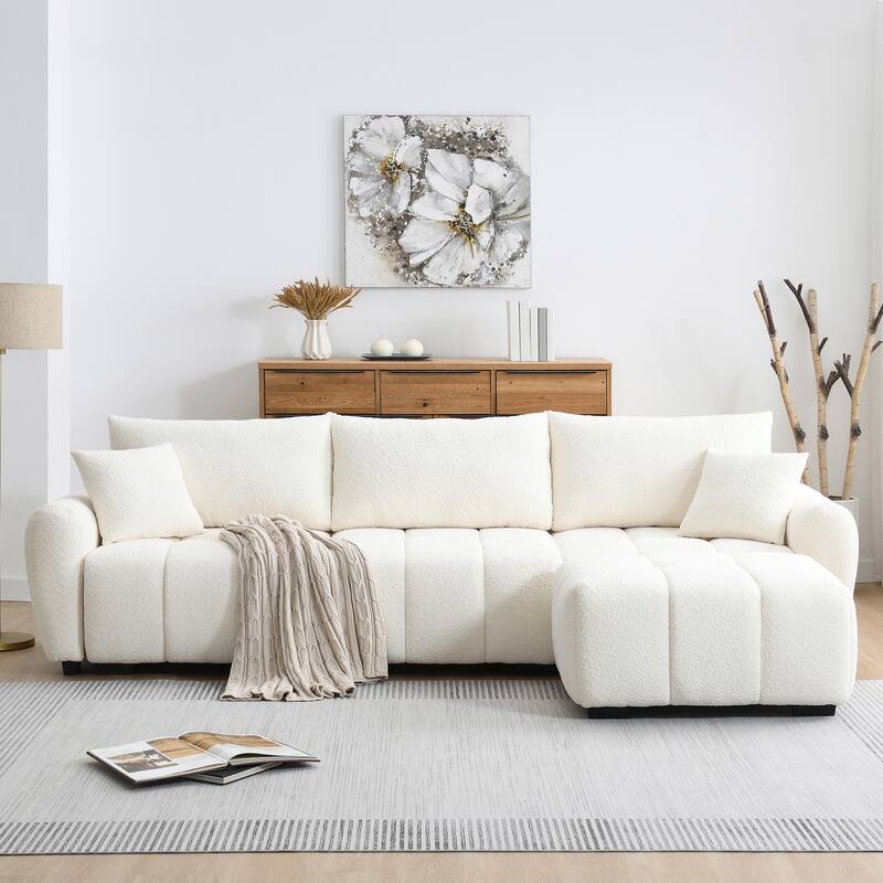 110" Modular L-Sectional - Boucle Fabric, Pull-Line Design, Movable Ottoman, 3 Color Options