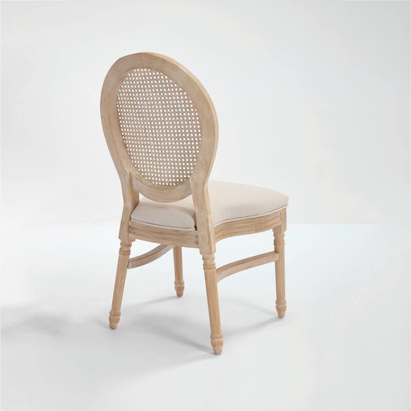 Set of 2 French Country Dining Chairs, Upholstered with Natural Rattan Round Back