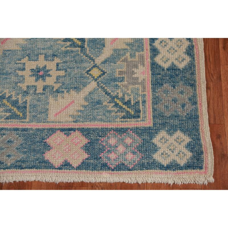 Hand Knotted Oriental 100% Wool Carpet Transitional Floral Navy Blue & Blues Oushak Runner Rug - 16' 7'' X 3' 6''