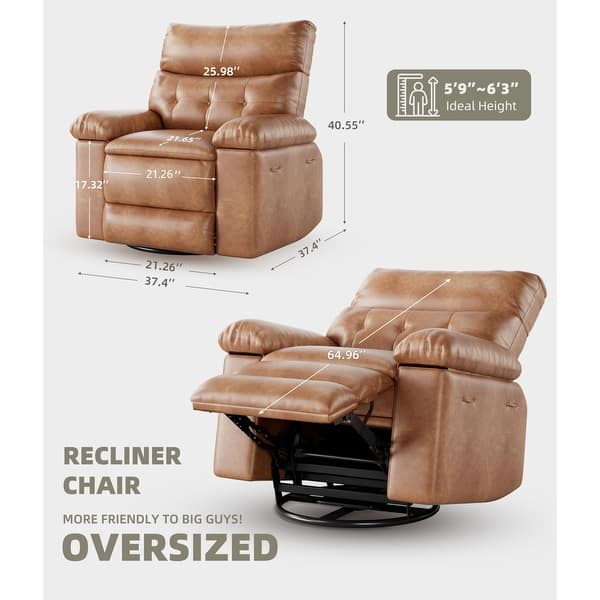dimension image slide 1 of 5, 37.4" Oversized Manual Recliner with Heat and Massage, 360 Swivel Rocking Chair 21.3" Seat with Cup Holder