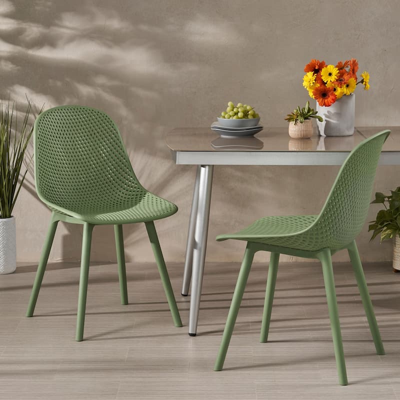 Roomfitters Modern Outdoor Plastic Chairs with Perforated Backrest, Lightweight Patio Seating, Set of 2 - Green