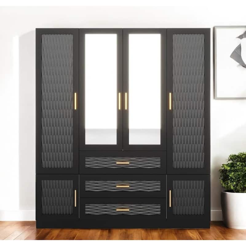 HomeRoots 71" Black Gray And Gold Carved Geometric Mirrored Six Door Three Drawer Combo Dresser - Gold/Black/Gray - 3-drawer