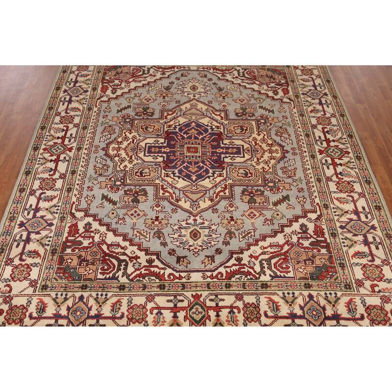 Geometric Traditional Heriz Serapi Indian Rug Handmade Wool Carpet - 7'11" x 9'10"