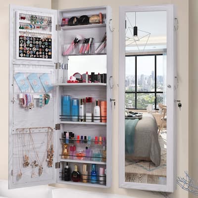 Retro Wood Mirror Armoire Door Wall Mount Storage Jewelry Cabinet White