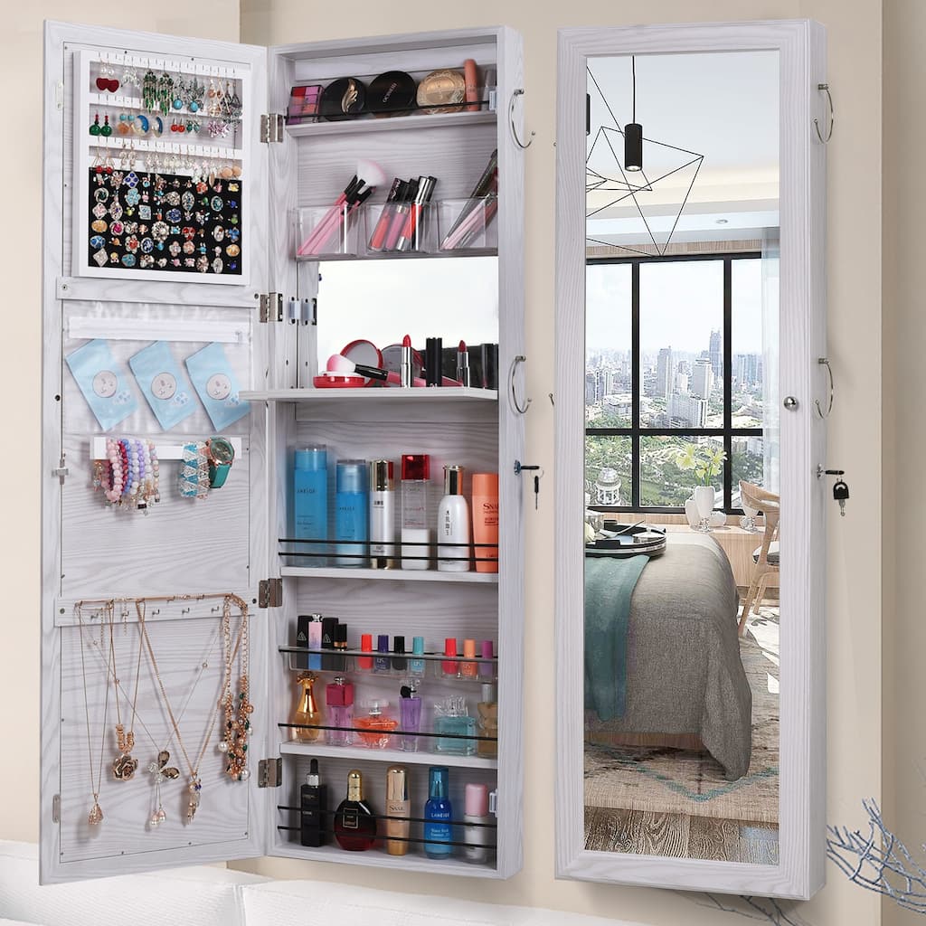 Retro Wood Mirror Armoire Door Wall Mount Storage Jewelry Cabinet White