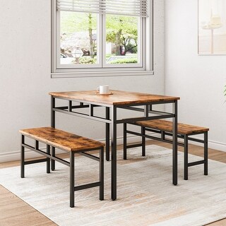 3Pieces Industrial Style Dining Table Set with 1 Table and 2 Benches ...