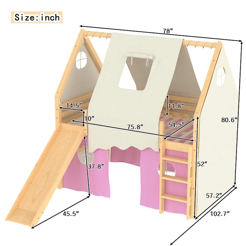 Fairytale Loft Bed Wooden House Bed with Tents, Light Strip and Slide