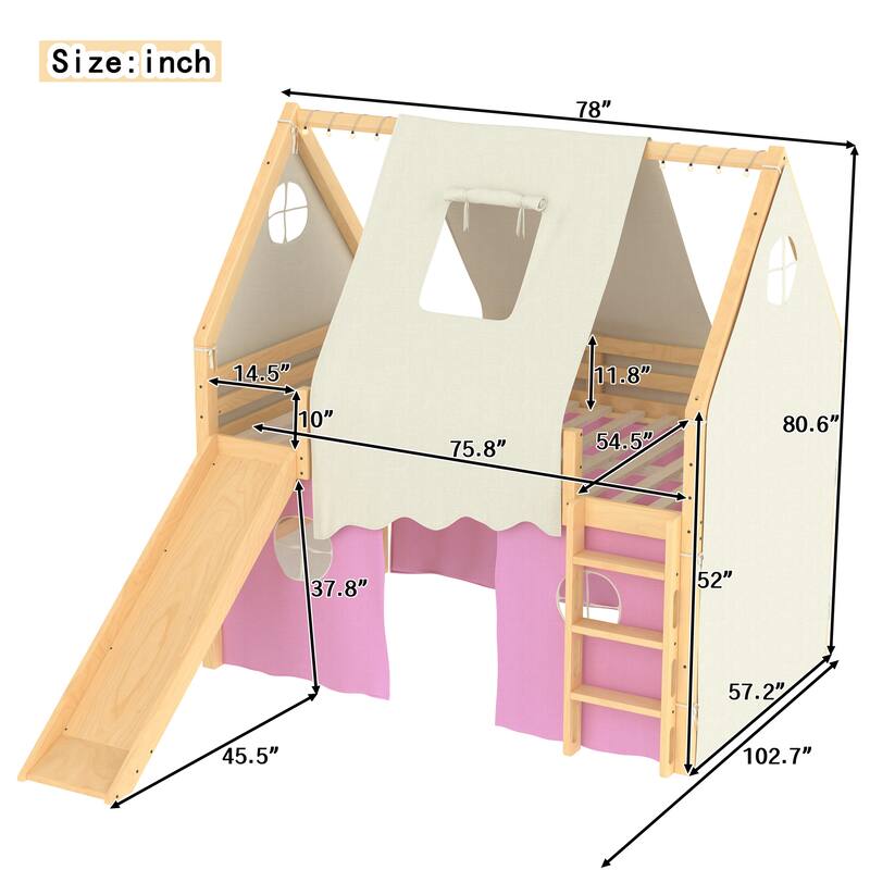 Roomfitters House Loft Bed with Slide and Tent, Solid Wood Frame with Lights