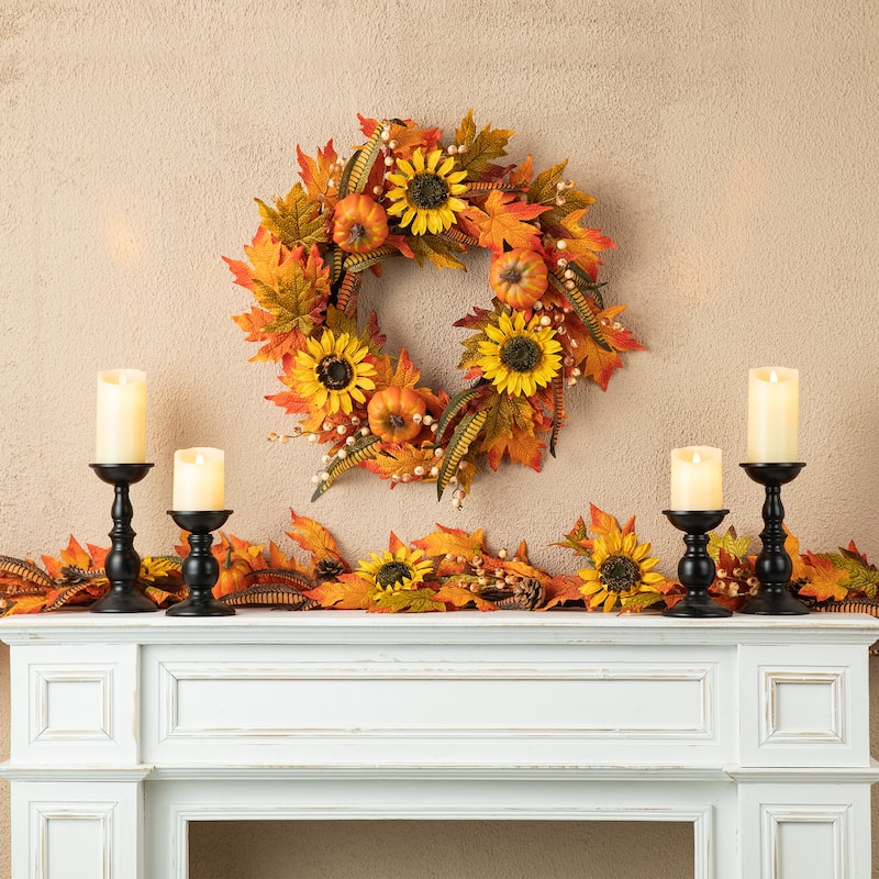 Glitzhome Fall Maple Leaf Sunflower Garland & Dahlia Pumpkin Wreath