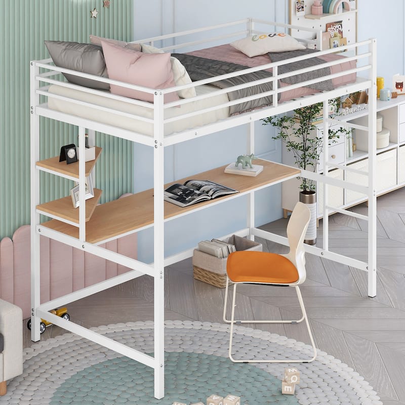 White Twin Metal Loft Bed with Integrated Desk and Shelves