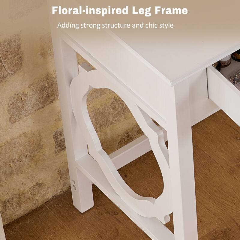 2-Piece Makeup Vanity Desk Set with PU Upholstered Stool, 5 Drawers Vanity Table Dressing Table with Swivel Vanity Mirror, White