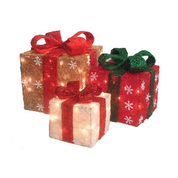 Shop Set Of 3 Red And Ivory Lighted Gift Boxes Christmas Outdoor Decorations 10 Overstock 30866217