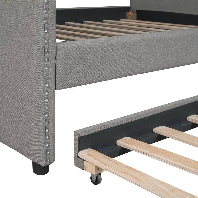 Upholstered Daybed with Trundle, Wood Slat Support
