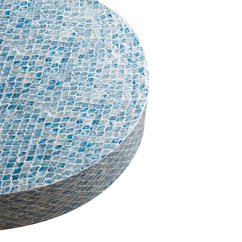 Piki 35 Inch Coffee Table, Round, Mughal Capiz Inlaid Pattern, Blue, Gold