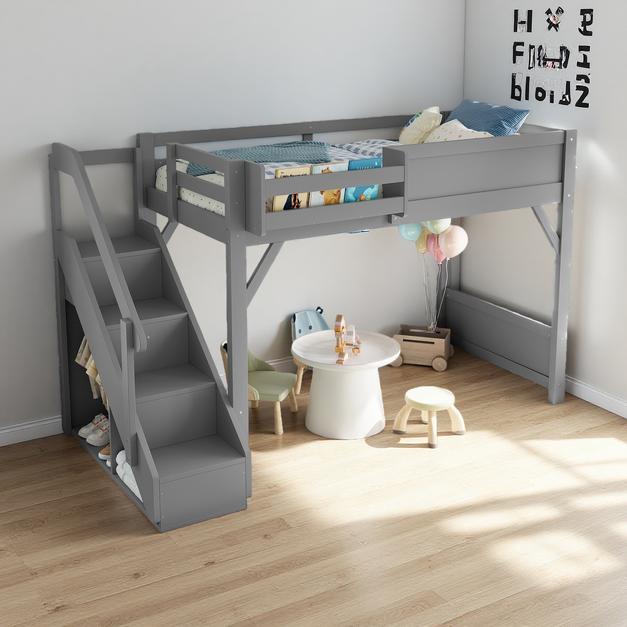 Twin Size Solid Wood Loft Bed with Built-in Wardrobe, Storage Space, Bedside Shelves, Full-Length Guardrails and Stairs