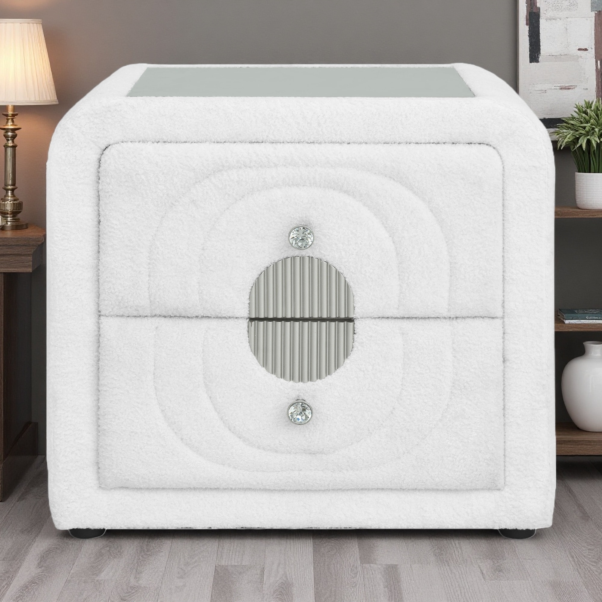 26"L Wood & Teddy Sherpa Nightstand with Glass Top, Crystal Knob, and Side Metal Glide Drawer