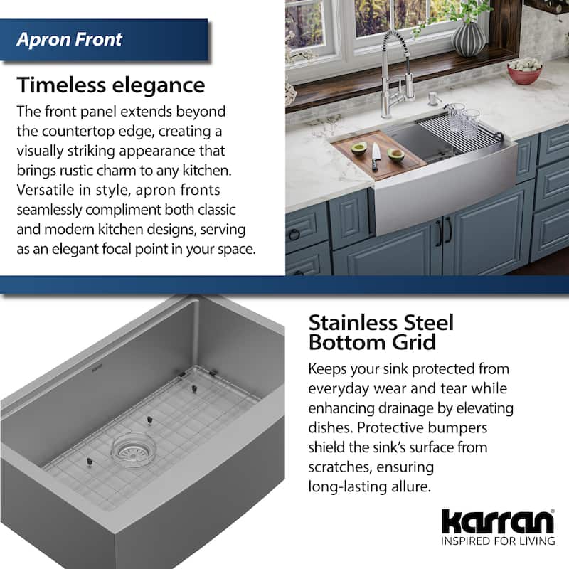 Karran Elite WSA-42-PK1 Apron Front Farmhouse 30" Single Bowl Stainless Steel Workstation Sink