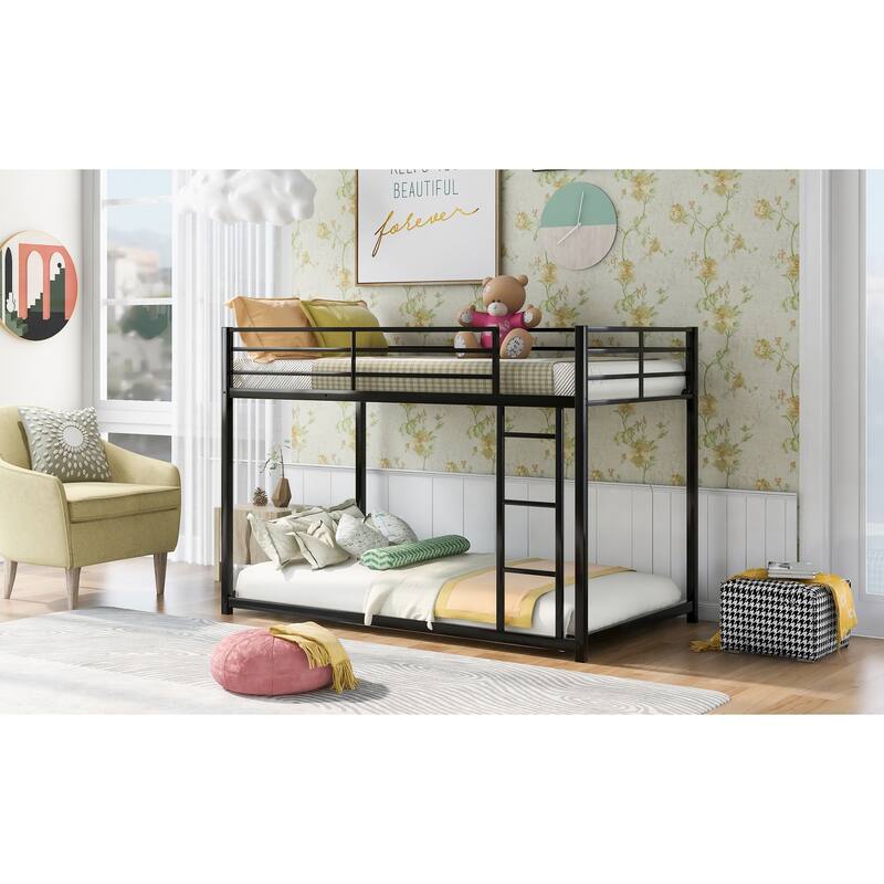 Roomfitters Twin Over Twin Metal Bunk Bed with Built-in Ladder and Safety Guardrails, Low Profile Space-Saving Frame
