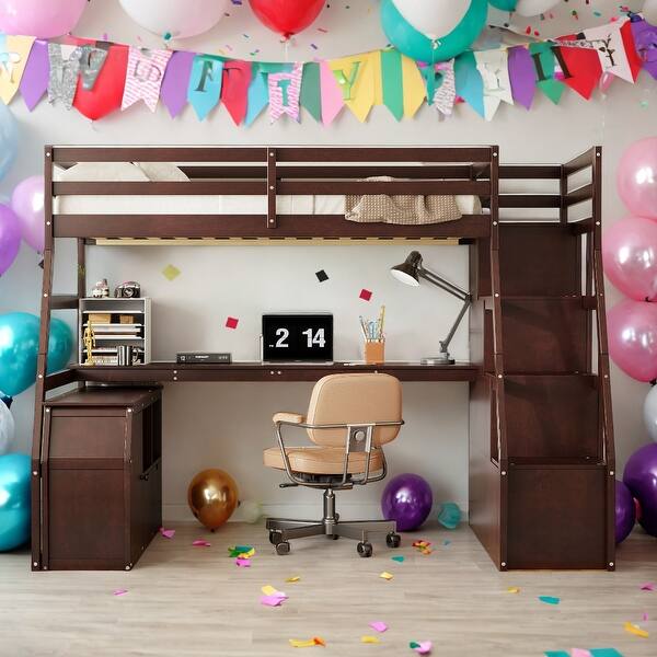 slide 2 of 16, Twin Size Loft Bed with Desk,7 Drawers,2 Shelves and Pinewood Frame Espresso
