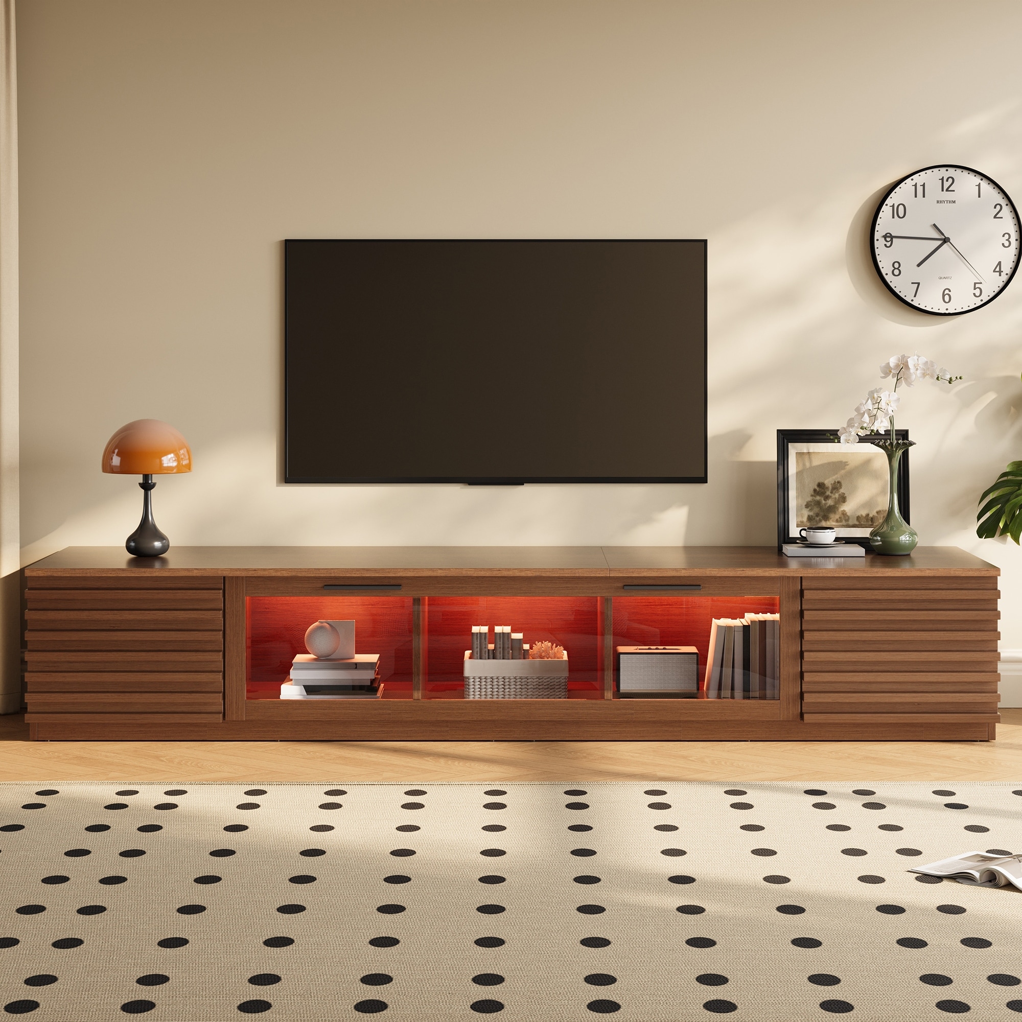 70" Modern TV Stand for TVs up to 80", Entertainment Center with Cable Management and Glass Doors, LED Light for Living Room