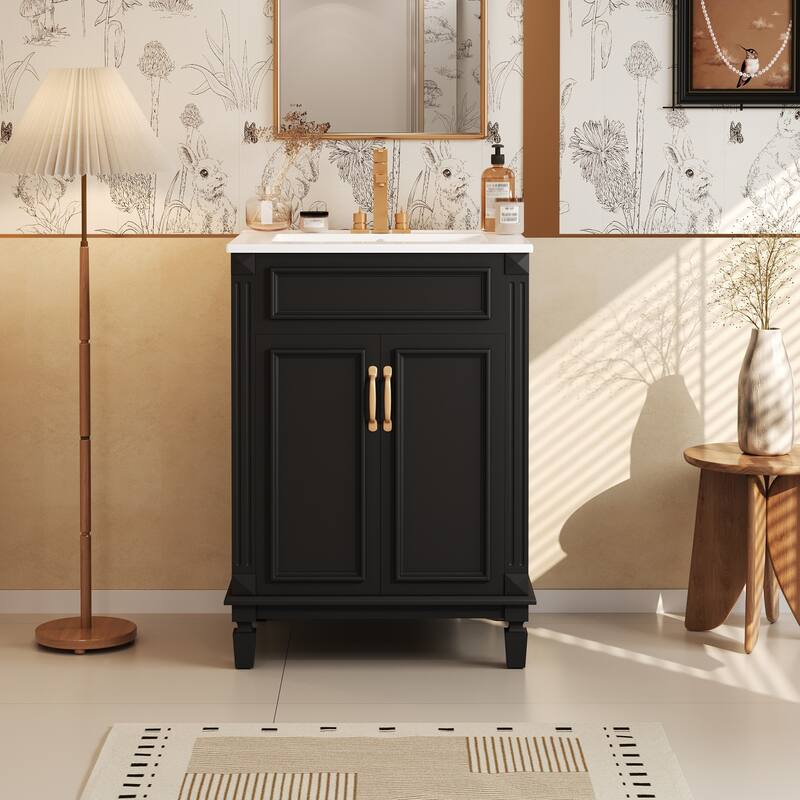 24" Bathroom Vanity with Top Sink, Modern Bathroom Storage Cabinet with 2 Soft-Closing Doors - Black