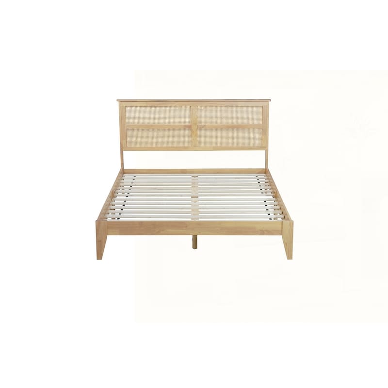 Solid Wooden Bed with Rattan Headboard