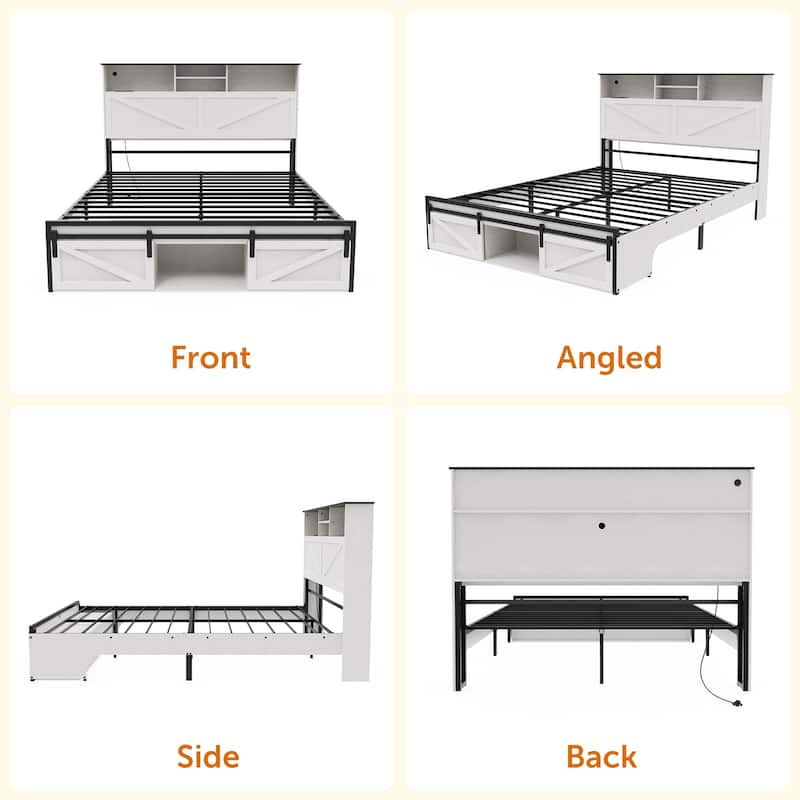 Farmhouse Full/Queen Bed Frame with Storage Headboard, Charging Station and RGB LED Lights, MDF and Steel Platform Bed