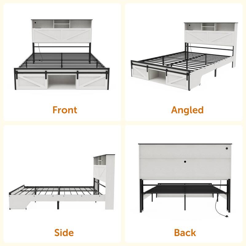 White Farmhouse Full Size Bed Frame with Storage Headboard, Charging Station & RGB LED Lights