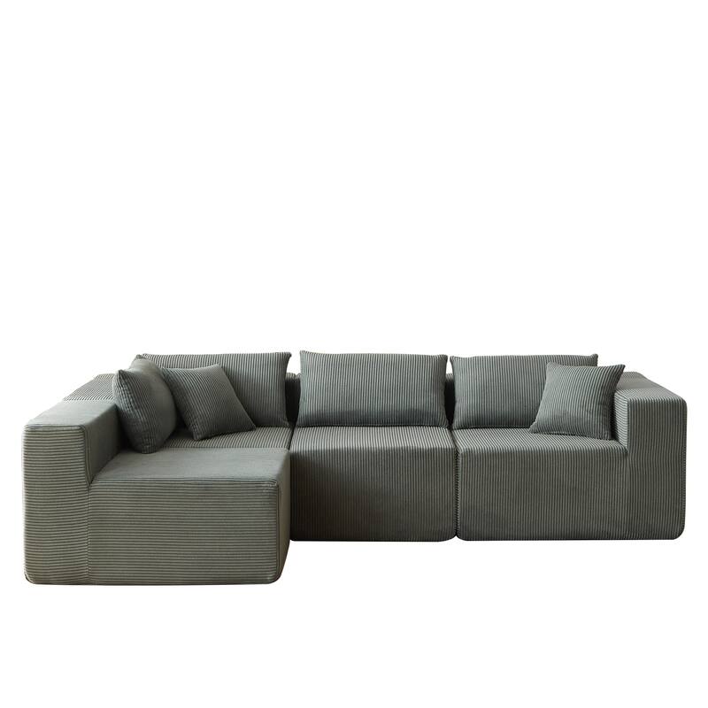 Corduroy Convertible Sectional Cloud Sofa, Foam-Filled Compressed Boneless Sofa, Modular L Shaped Floor 4 Seat Sofa