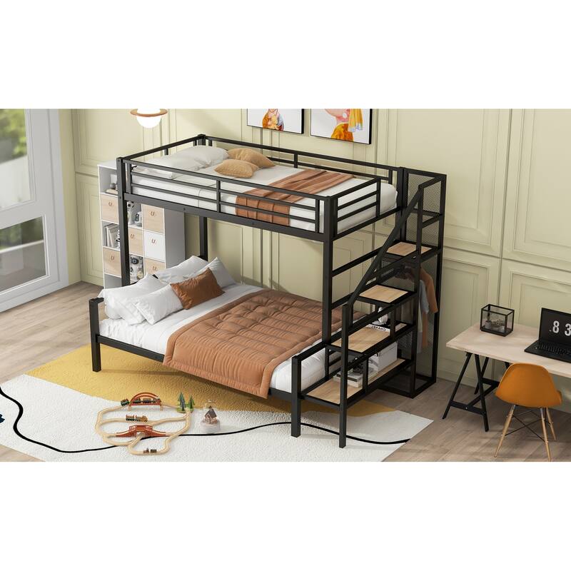 Twin over Full Metal Bunk Bed with Storage Stairs and Wardrobe, Black