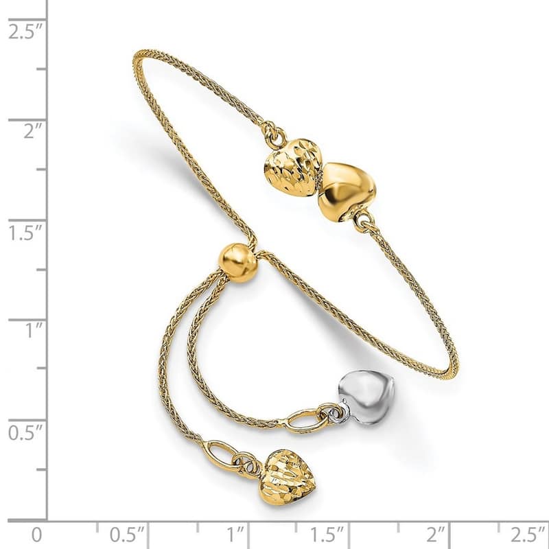 Curata 0.84mm 14k Two tone Gold Polished Sparkle Cut Love Heart Adjustable Bracelet