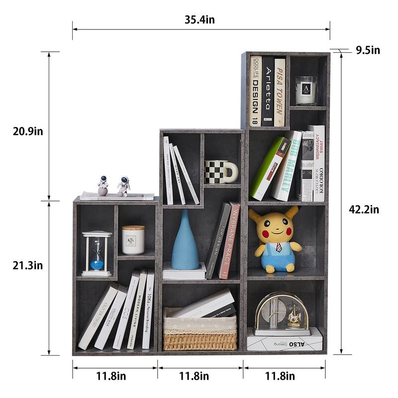 L Shaped Freestanding Ladder Corner Bookshelf, 12 Cubes Stepped Etagere Bookcase, Wooden Storage Cabinet Display Shelf