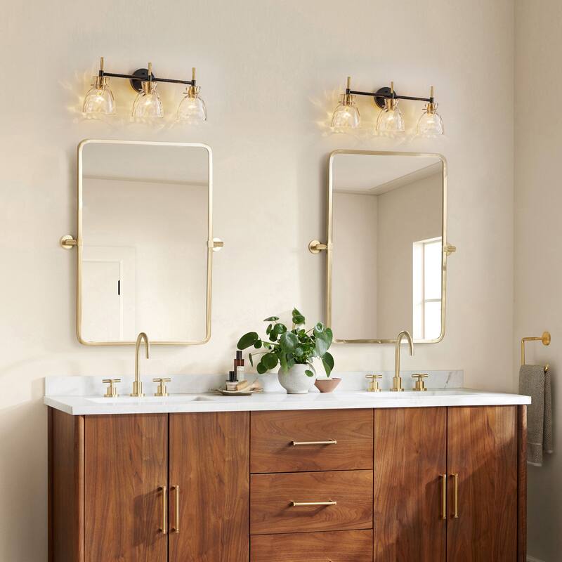 1-Light/3-Light Matte Black and Antique Brass Bathroom Vanity Light with Water-Rippled Glass Shade