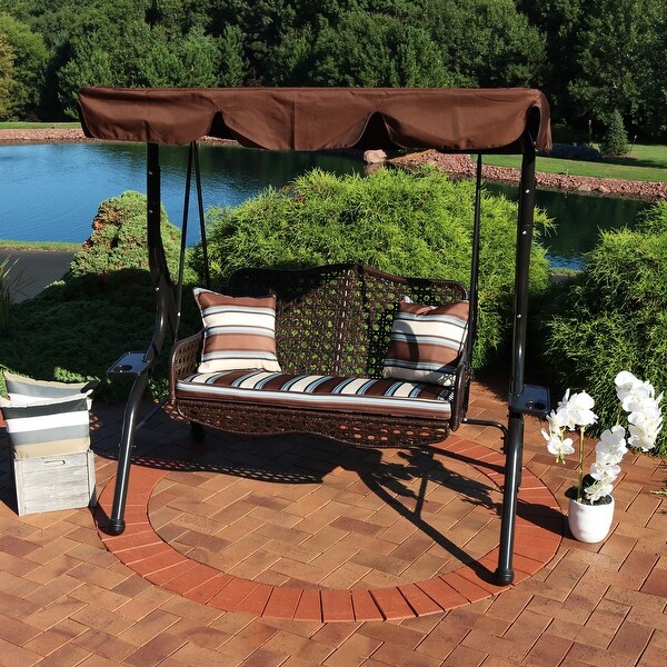 Sunnydaze 2 Seater Rattan Patio Swing with Striped Pillows and