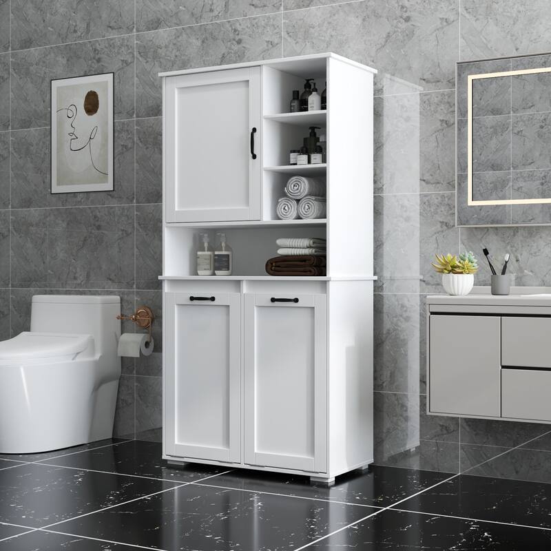 Laundry Cabinet with Doors and shelf, Tilt-Out Laundry Hamper, Multiple Storage Space, Freestanding Style - White